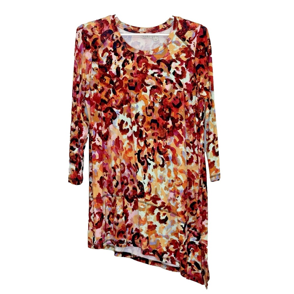 LOGO Lori Goldstein Tunic Top Womens Sz Medium Multicolor Adobe Print Angled Hem
